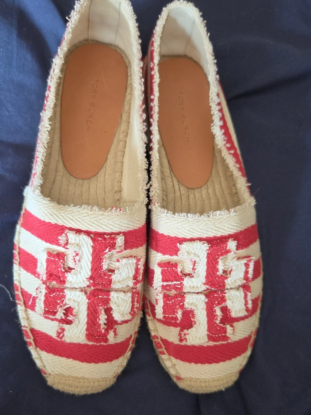 Tory Burch Red & Cream Woven Logo Espadrille Flats